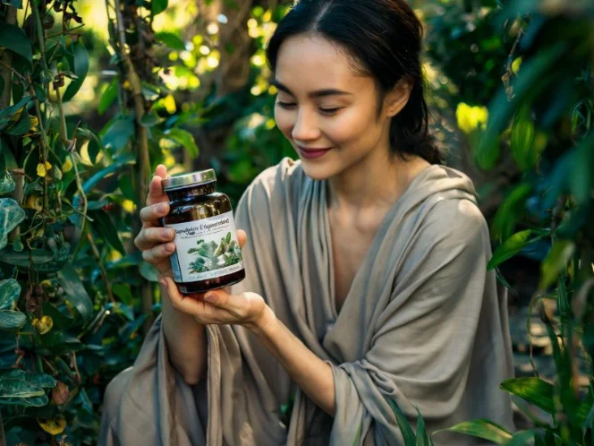 A woman intently holding a bottle of herbal supplements,