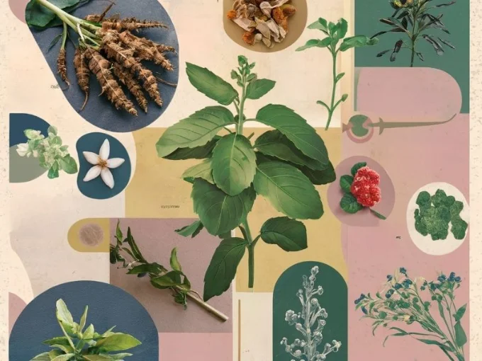 An artistic and informative collage showcasing various adaptogenic herbs such as ashwagandha, rhodiola, and holy basil.