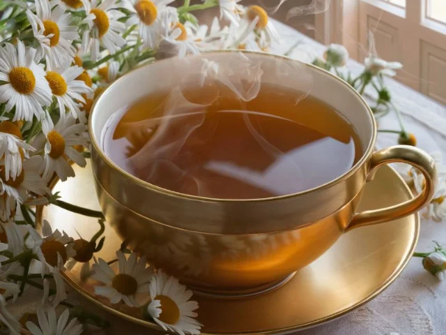 Close-up of chamomile flowers and a cup of chamomile tea