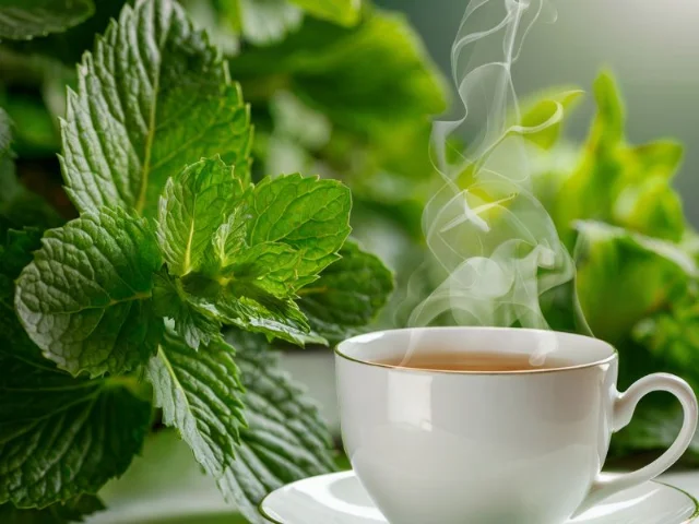 a Close-up of fresh peppermint leaves next to a cup of peppermint tea