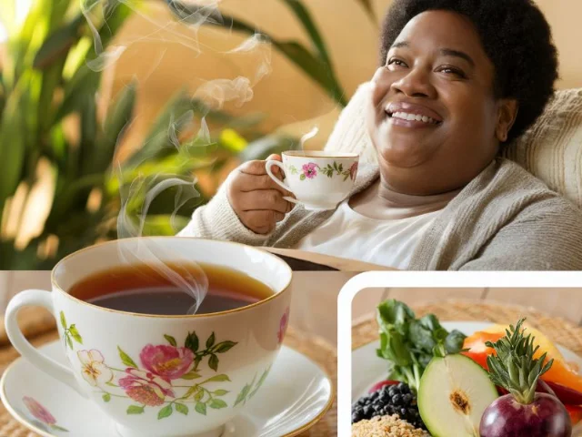 a person smiling with a relaxed posture, holding a cup of herbal tea or a plate of healthy food
