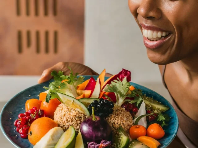 photo of a person enjoying a colorful, healthy meal with plenty of fruits, vegetables, and whole grains