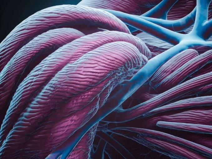 A close-up image of muscle tissue. The image is saturated with blues and purples,