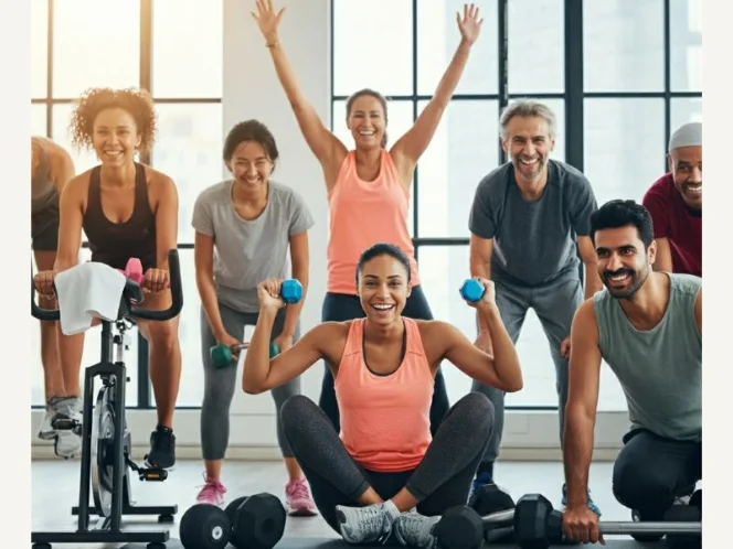 A group of people smiling and having fun while participating in a variety of exercise activities