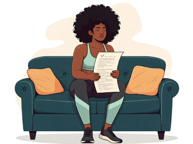 A person sitting on a couch looking overwhelmed by a to-do list, visually representing the feeling of being too busy to exercise
