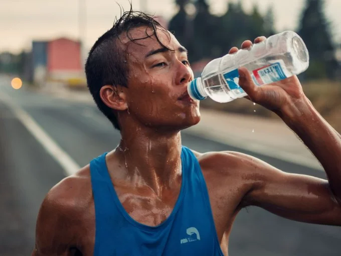A photo of a marathon runner with a sweaty face drinking water from a bottle during a workout