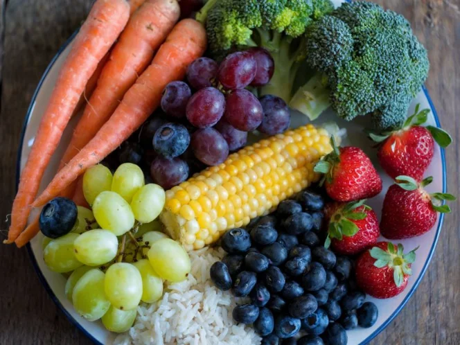 A photo of a plate with a variety of colorful, micronutrient-rich foods. good