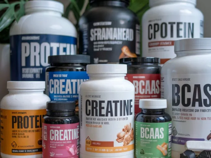 A photo of a variety of sports supplements. There are multiple tubs of protein powder in various flavors, a container of creatine, and a bottle of BCAAs