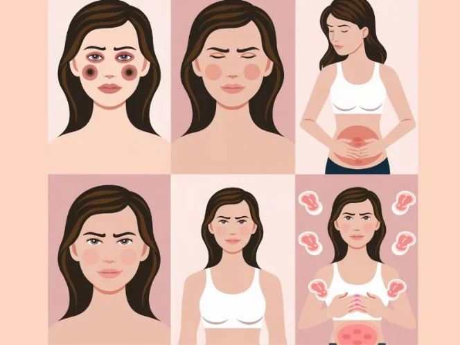 A series of images representing the different physical and emotional symptoms associated with each phase of the menstrual cycle
