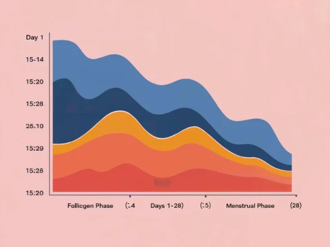 An illustration of a line graph that shows the fluctuations of estrogen and progesterone throughout the menstrual cycle