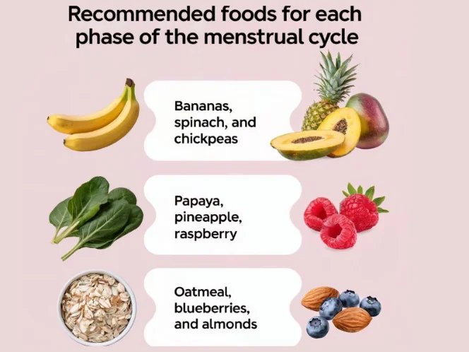 An infographic with the text _Recommended Foods for Each Phase of the Menstrual Cycle