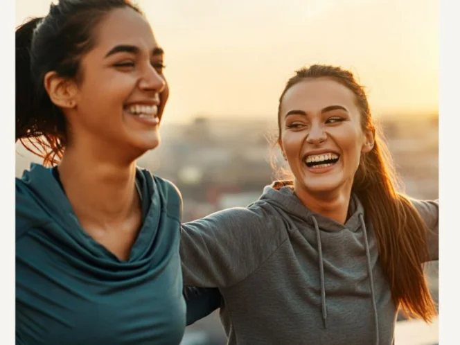 Two friends laughing and exercising together, highlighting the benefits of social support