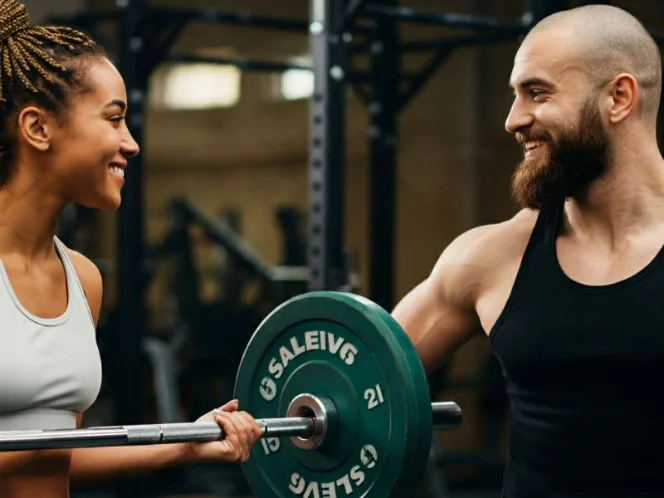 Two friends working out together, spotting each other, and offering encouragement