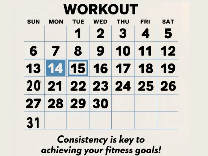 A calendar with workout days marked, highlighting the importance of consistency