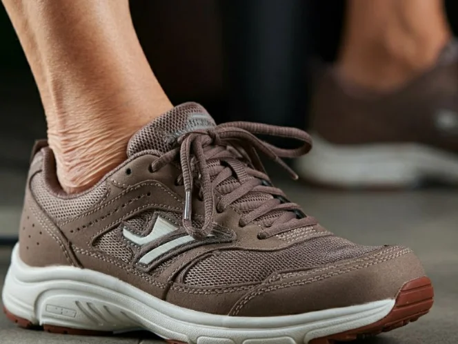 A close-up of a senior's feet wearing comfortable and supportive athletic shoes