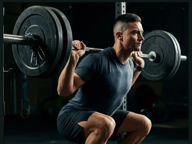 a confident-looking man doing a barbell back squat, showcasing proper form