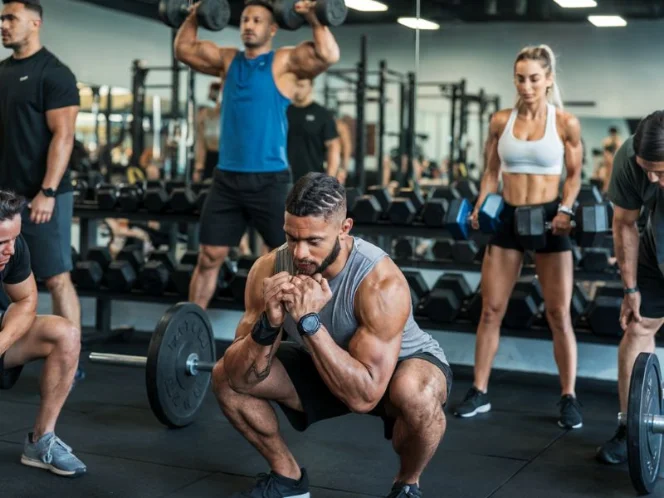 a diverse group of people performing different types of strength training exercises, such as bodyweight and squats