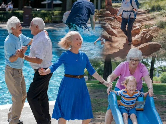 A diverse group of seniors engaged in various activities like dancing, swimming, hiking, and playing with their grandchildren