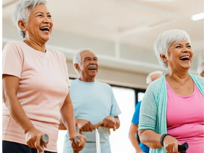 A group of seniors laughing and chatting while participating in a group exercise class