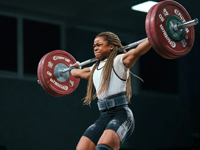 A person performing a clean and jerk, showcasing a complex compound exercise