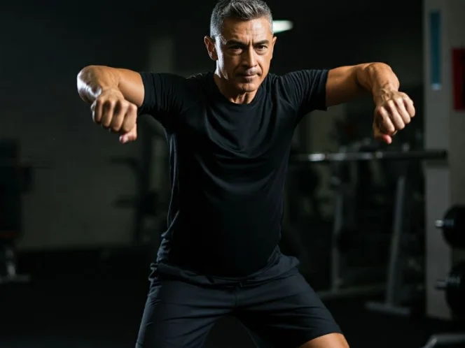 A person performing dynamic stretches, such as arm circles