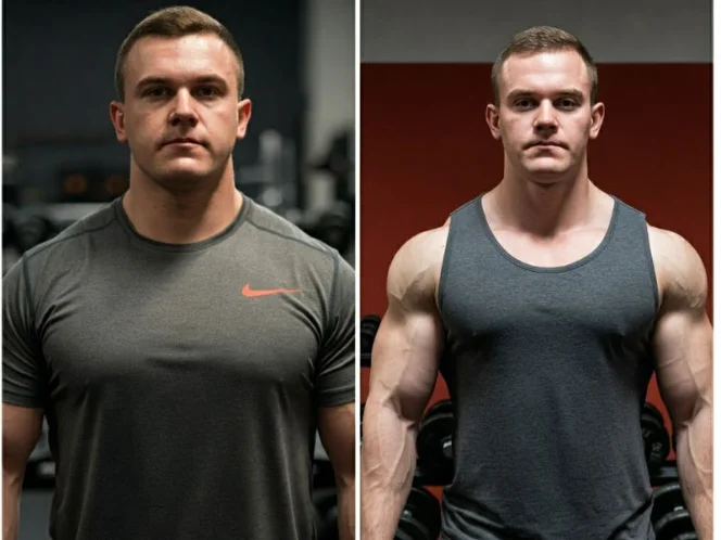 a person who has achieved significant muscle gain and physique transformation through strength training