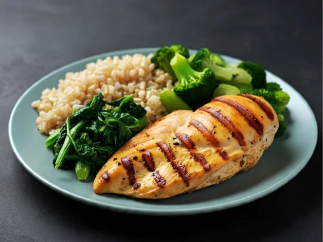 A plate with grilled chicken breast, brown rice, and vegetables, representing a balanced meal with adequate protein