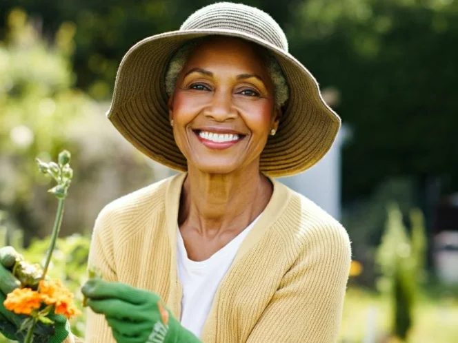 A portrait of a smiling senior, radiating health and confidence, engaging in an activity like gardening