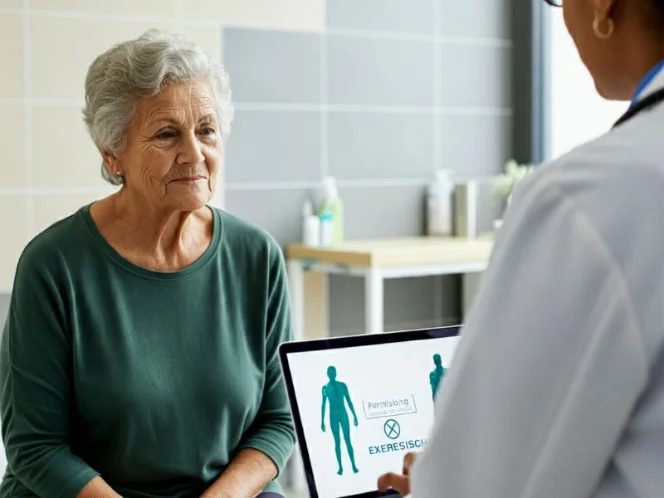 A senior individual sitting in a doctor's office, engaged in a conversation about exercise options and receiving personalized guidance