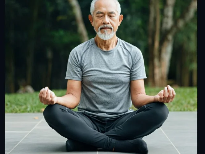 A senior practicing yoga or meditation in a peaceful setting, highlighting the stress-reducing benefits of exercise