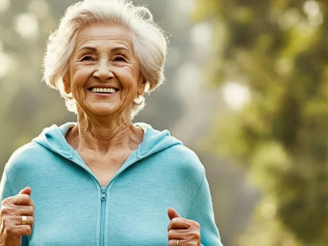 A senior with a radiant smile enjoying a brisk walk outdoors, showcasing improved cardiovascular health