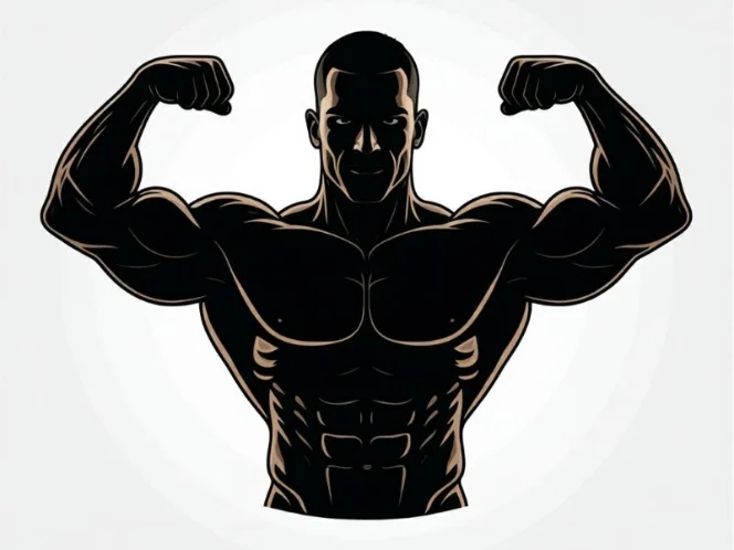 A silhouette of a muscular man flexing his arms in victory, symbolizing the triumph and empowerment that comes with strength training