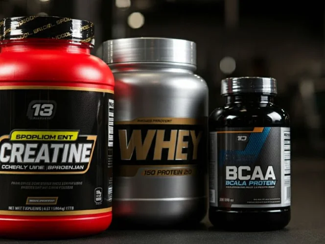 A variety of supplement containers, including creatine, whey protein, and BCAAs