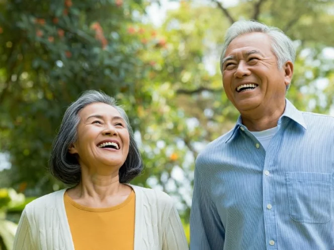 a vibrant senior couple enjoying a leisurely walk in a park, surrounded by lush greenery