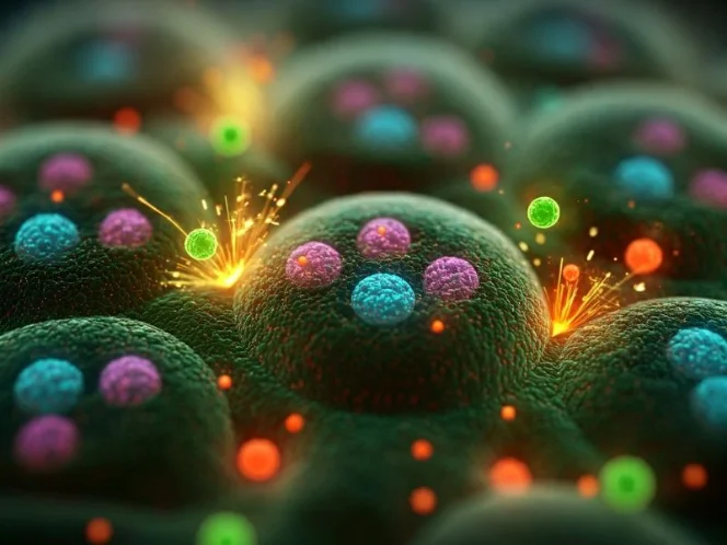 an image a microscopic view of cells with vitamins and minerals represented as tiny, colorful sparks powering various cellular processes