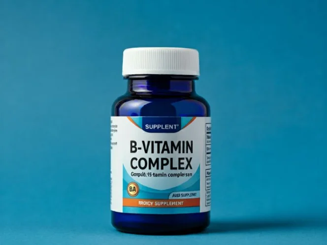 an image of a close-up of a B-vitamin complex supplement bottle