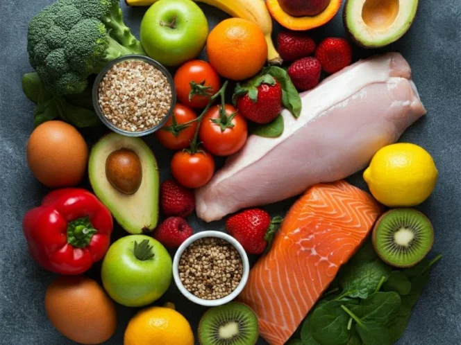an image of a colorful, vibrant spread of fruits, vegetables, whole grains, lean protein, and healthy fats