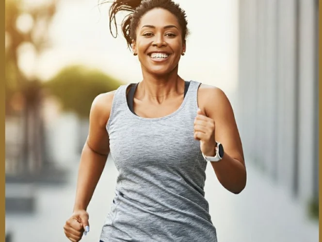 an image of a confident, smiling woman going for a run in a way that feels good for her body