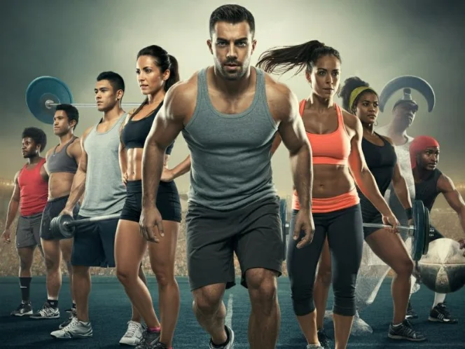 an image of a diverse group of athletes participating in various sports like running, weightlifting, and team sports