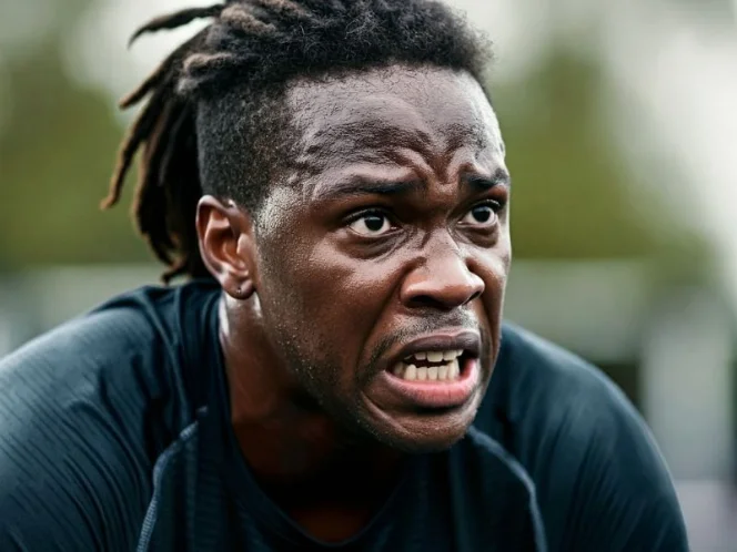 an image of a frustrated athlete stopping mid-workout, looking exhausted and disheartened