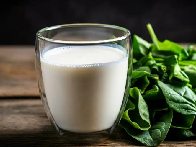 an image of a glass of milk and a pile of leafy green vegetables, representing good sources of calcium