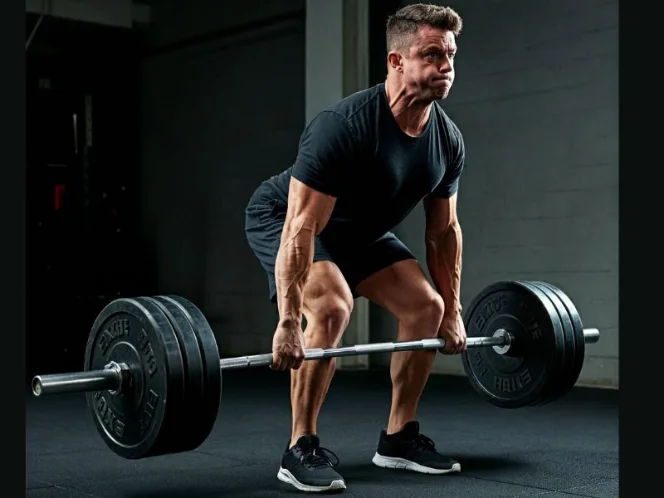 An image of a person performing a conventional deadlift with proper form