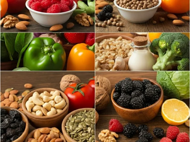 an image of a vibrant collage featuring various colorful fruits, vegetables, nuts, and seeds,