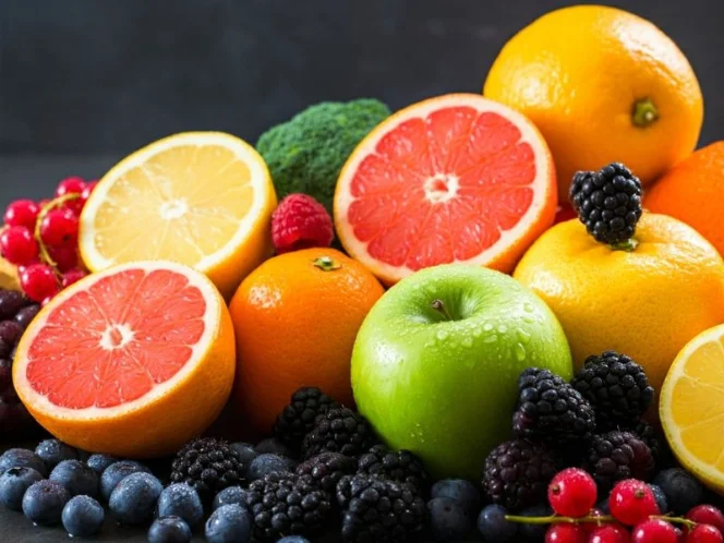 an image of a vibrant display of citrus fruits, berries, and other vitamin C-rich foods