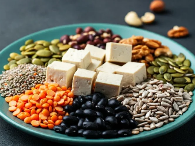 an image of a vibrant plate of plant-based foods like tofu, lentils, beans, nuts, and seeds