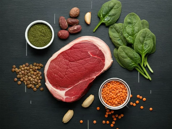 an image of a visual representation of iron-rich foods like red meat, spinach, and lentils