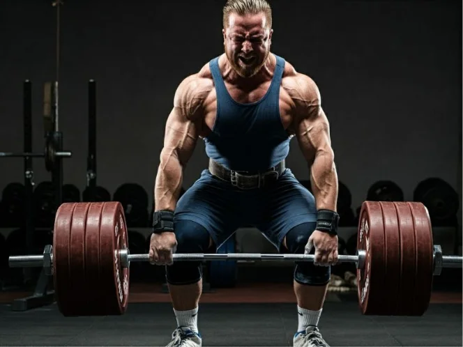 an image of a weightlifter performing a heavy lift, demonstrating strength and muscle power