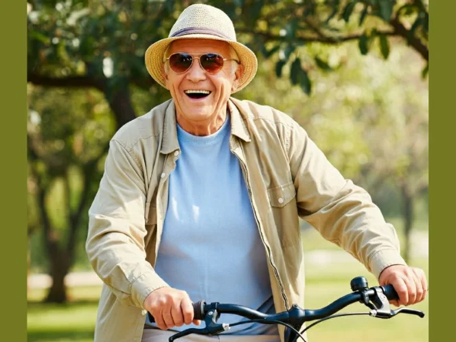 An image of an active & happy senior engaged in an outdoor activity like biking