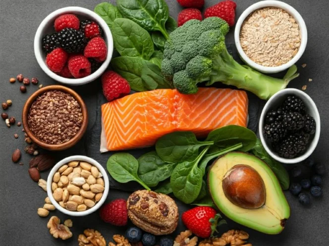 an image showcasing a variety of colorful, micronutrient-rich foods like leafy greens, berries, nuts, whole grains, and lean protein sources