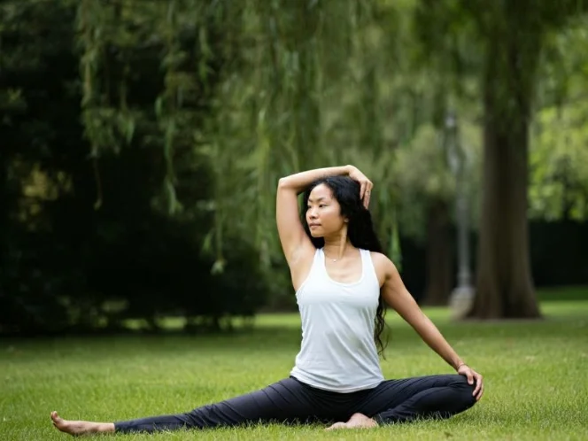 here is a serene image of a woman practicing yoga